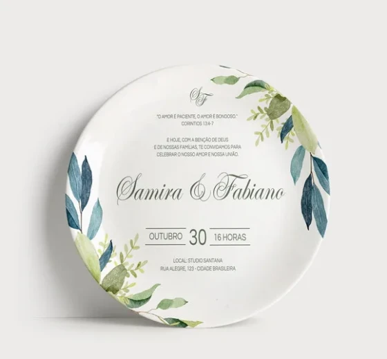 Convite Casamento em Prato de Porcelana (21cm) com Suporte