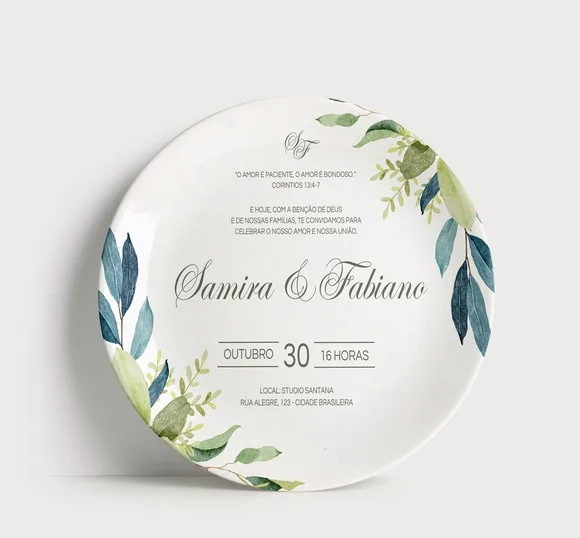 Convite Casamento em Prato de Porcelana (21cm) com Suporte