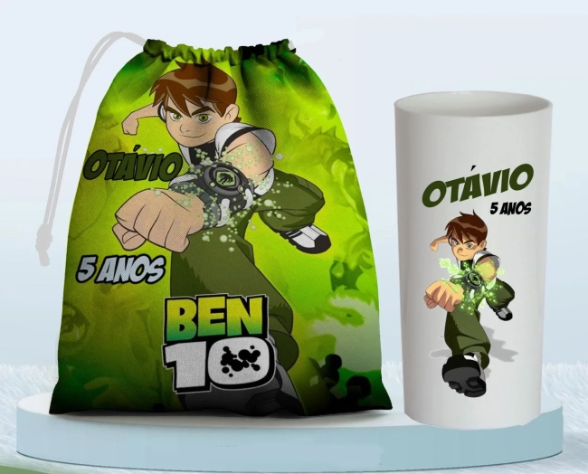 Kit Saquinho Surpresa e Copo Long Drink Personalizado Ben 10