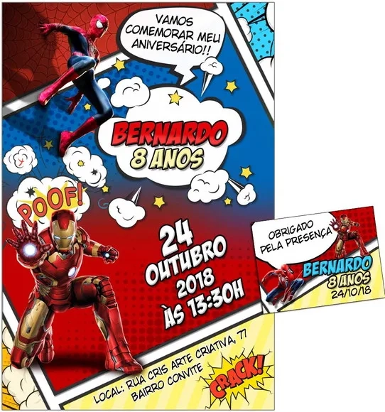CONVITE DIGITAL C/TAG Cartoon Homem Aranha e Homem de Ferro