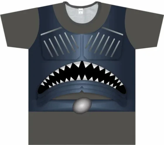 Camiseta Fantasia Robô Alienígena e Armadura de Batalha Tubarão