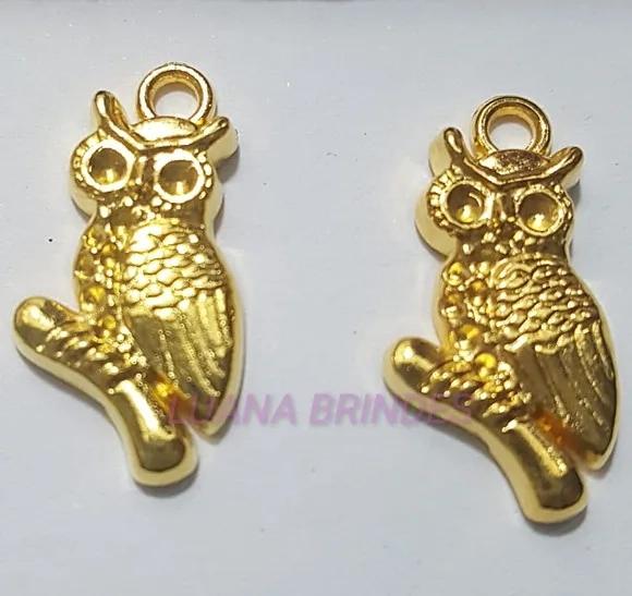 Pingente de Coruja em Metal Dourado - pct c/10 unid