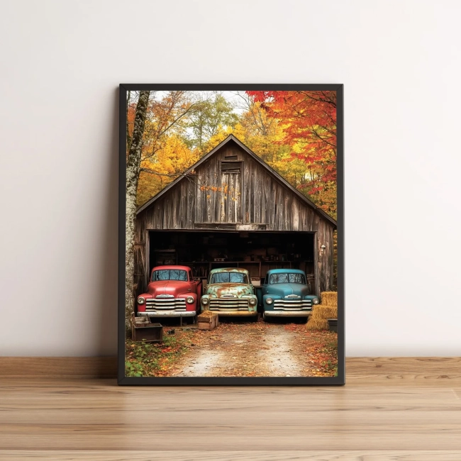 Quadro Caminhonetes Antigas em Celeiro Outonal 2577