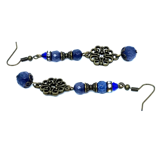 Brinco Vintage Jade Azul Safira Facetada com Gancho Ouro Velho