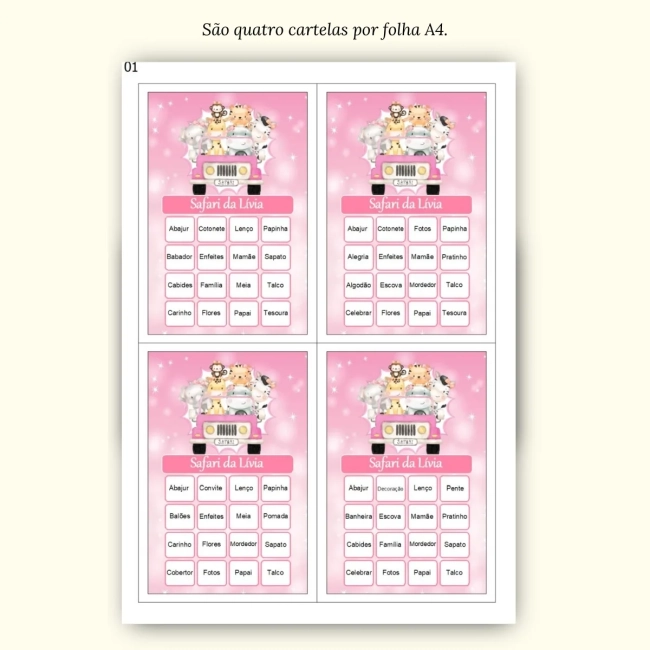 Bingo Chá de Bebê Menina Pdf Para Imprimir