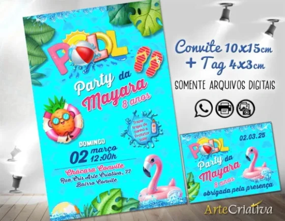 Convite Digital C/tag Pool Party Flamingo