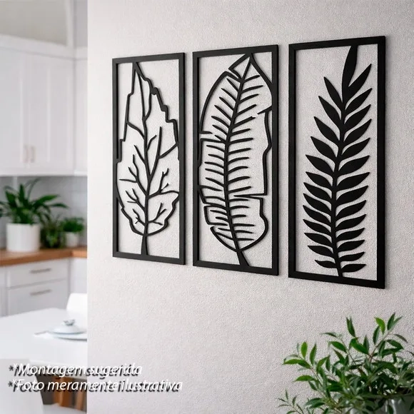 Trio Quadros Decorativos Vazados Folhagem Tropical 3d Preto