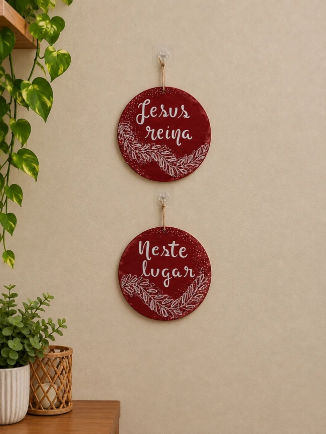 Kit 2 Placas Decorativas Parede Jesus Reina Neste Lugar MDF 20cm
