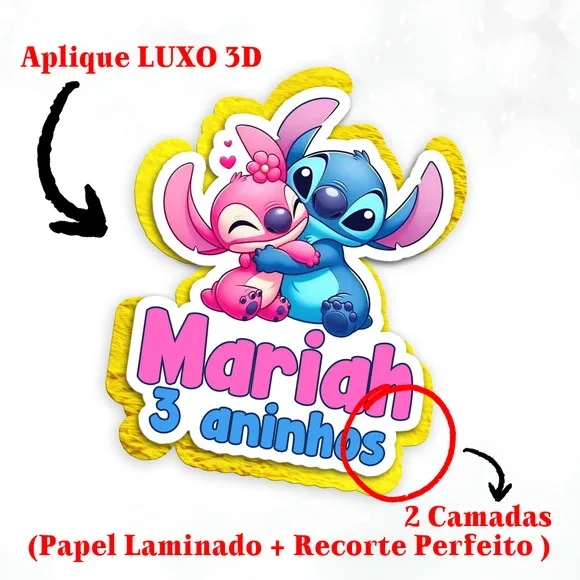 Aplique 3d para Tubete Relevo Dourado Stitch para Festa