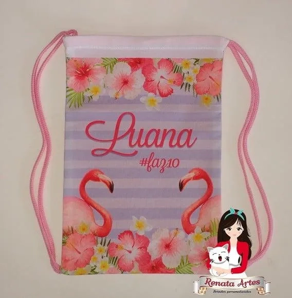 Mochila de Tecido Personalizada Tema Flamingo Rosa