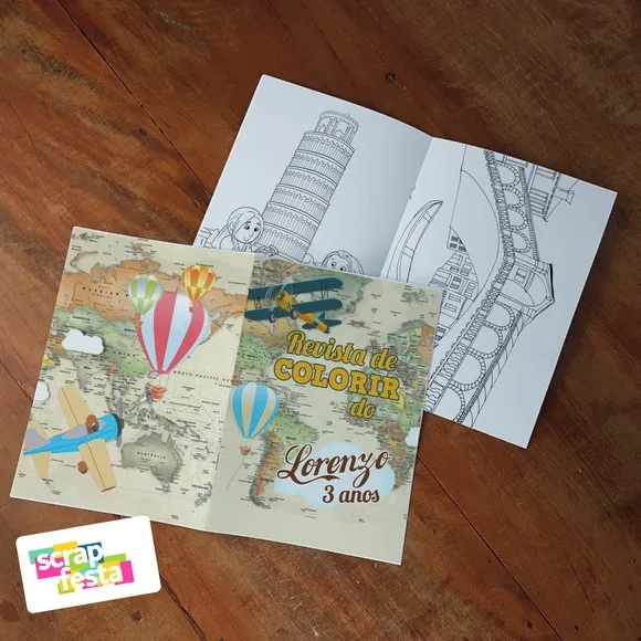 Revista Colorir + Giz de Cera Festa Passaporte Viagem