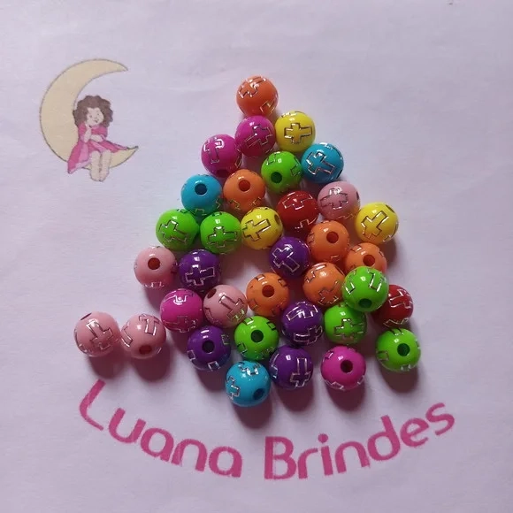 Bolinha Colorida com Cruz Prata 8mm Pct 100 Unidades