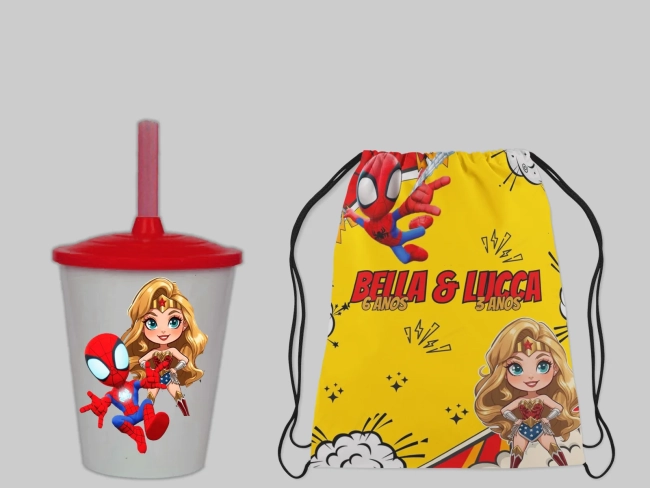 Kit Mochila e Copo Twister personalizado dos Super Heróis