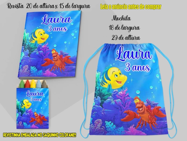 Kit Lembrancinhas Mochila e Revista de colorir da Sereia Ariel