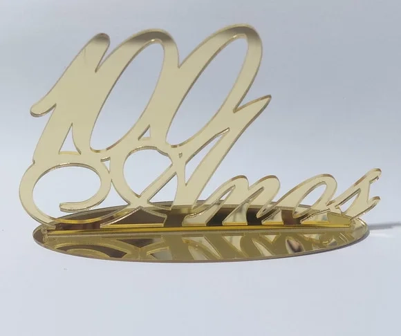 Topo de Bolo 100 Anos Dourado 15cm Acrílico Espelhado 1 Peça