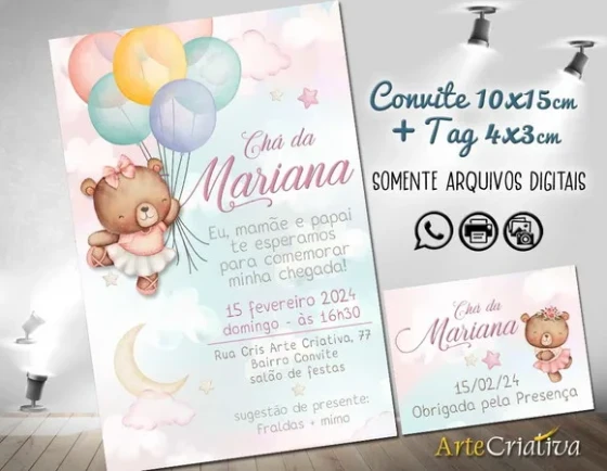 Convite Digital C/tag Chá de Bebê Menina Ursinho Bexiga