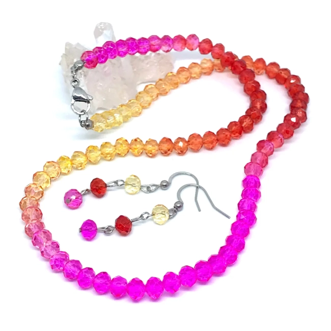 Conjunto Colar e Brincos Cristal Facetado Tie Dye e Aço Inox