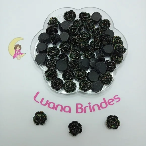 Aplique Flor Preta Glitter Acrílico 1,4cm Pct 20 Unidades