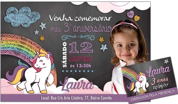 CONVITE DIGITAL C/TAG Unicórnio Chalk com Foto