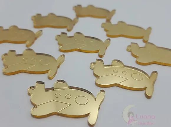 Aplique Avião Acrílico Espelhado Dourado -pct c/7 unid