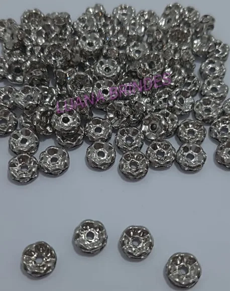 Rondela de Metal Prateado com Strass - 8mm - pct com 12 unid