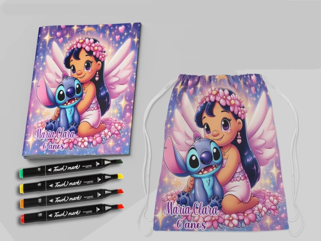 Kit Mochila e Revista de colorir com Canetinhas Lillo Stitch