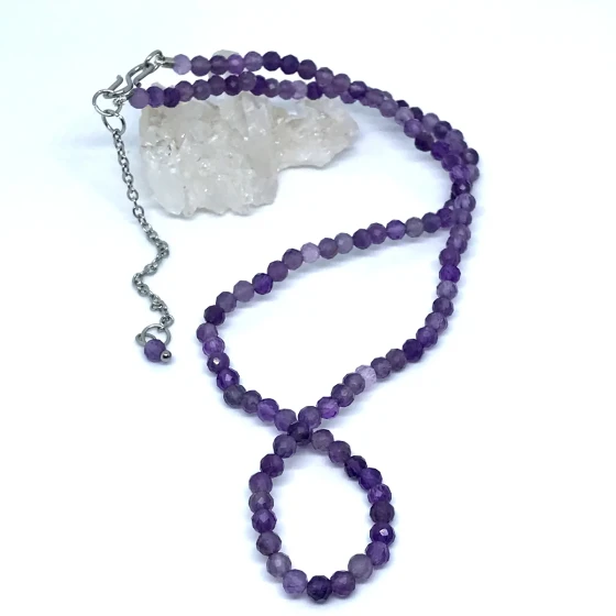 Choker Colar com Pedras Ametistas facetadas Delicadas E Aço Inox