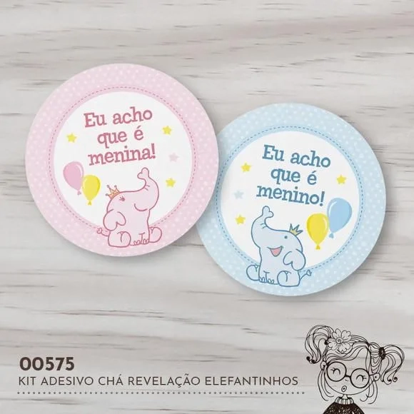 Kit Adesivos Redondos Chá Revelação Elefantinhos - 00575