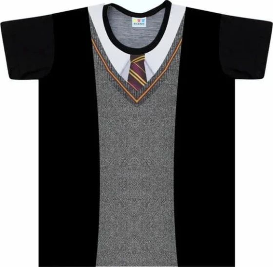 Camiseta Infantil Fantasia Uniforme de Escola de Magia com Gravata Listrada