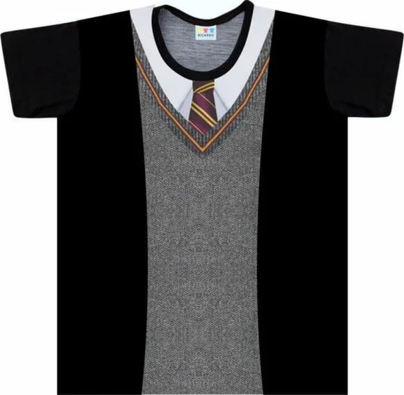 Camiseta Infantil Fantasia Uniforme de Escola de Magia com Gravata Listrada