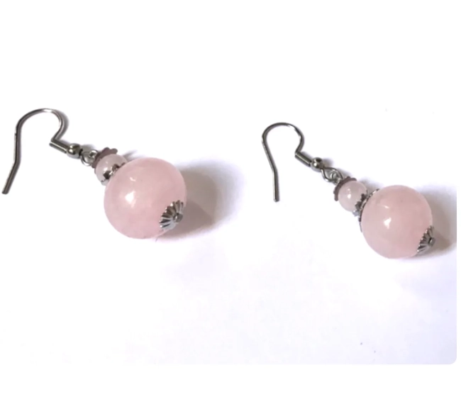 Brinco Pedra Quartzo Rosa Duas Esferas e Aço Inox