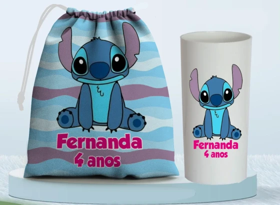 Kit Saquinho Surpresa e Copo Long Drink Personalizado do Sticth