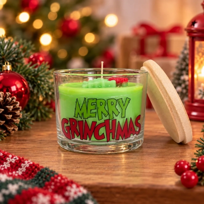 Vela Aromática no Copo Personalizada Natal Grinch, Merry Grinchmas