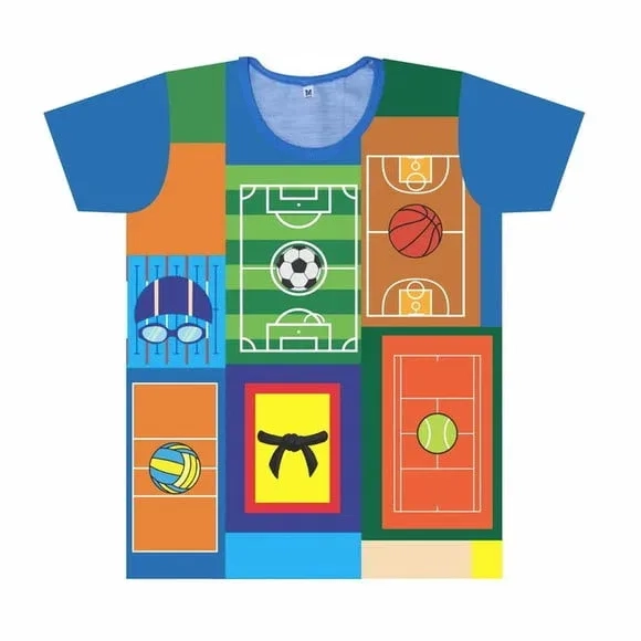 Camiseta Infantil Esportes Colorida – Futebol, Basquete, Vôlei, Natação, Tênis e Judô