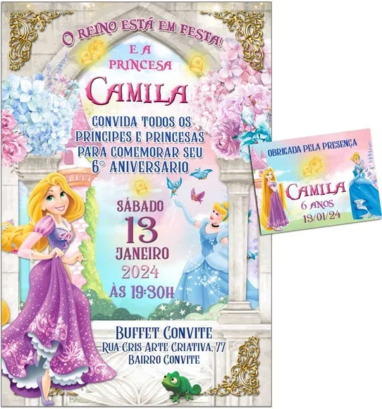 Convite Digital C/tag Princesas Disney Rapunzel e Cinderela