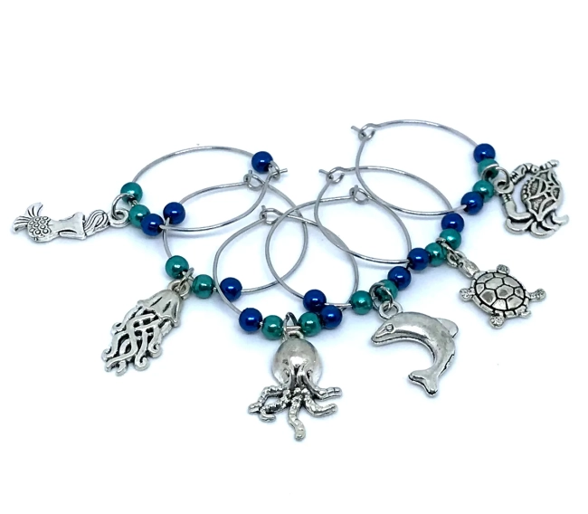 Marcadores de Taças e Copos em Metal Tema vida marinha- para Festas e Jantares Kit com 6 aros