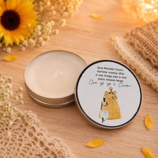 21 unidades de Vela Aromática na latinha Personalizada, Oxum - Oxóssi - Orixás e Entidades, fazemos qualquer tema.