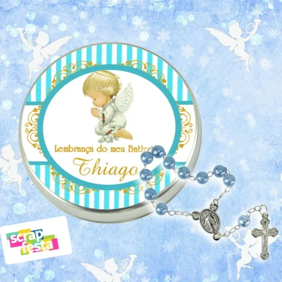 Latinhas Personalizadas Festa Batizado + Mini Terço Azul