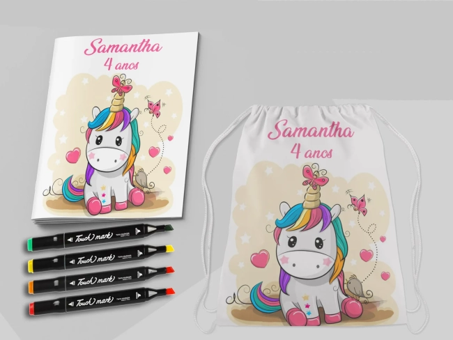 Kit Mochila e Revista de colorir com Canetinhas do Unicórnio