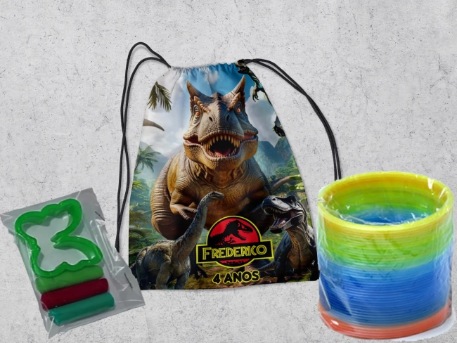 Kit Mochilinha + Mini Massinha de modelar e Mola Maluca Dinossuaros