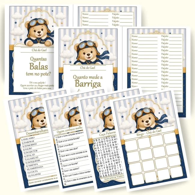 Kit 4 Brincadeiras Chá de Brincadeiras para Imprimir PDF Personalizado
