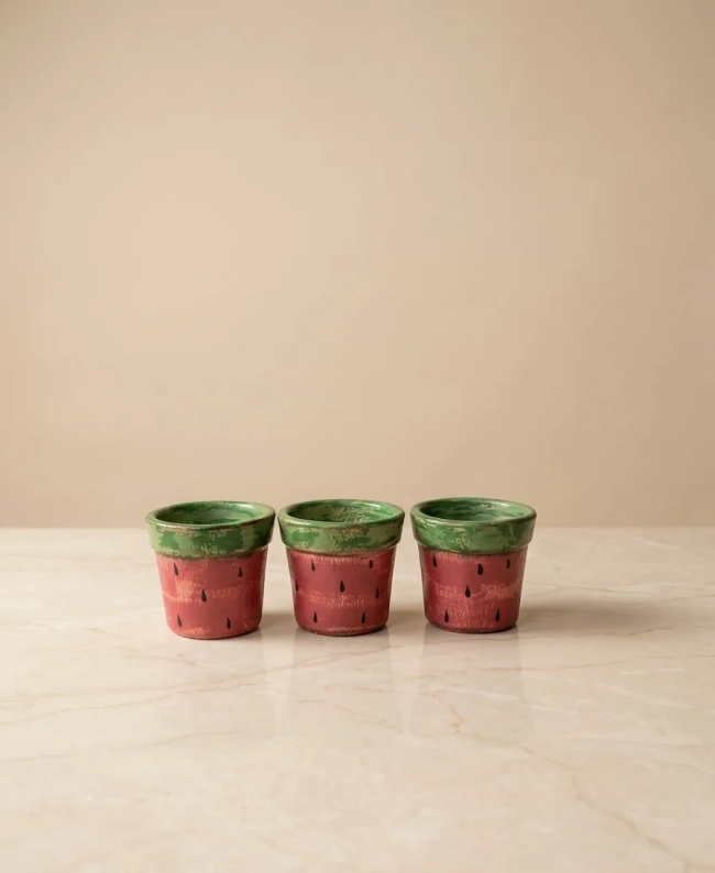 Kit 3 Mini Vasos Cachepô de Cerâmica Melancia Rústica 7cm