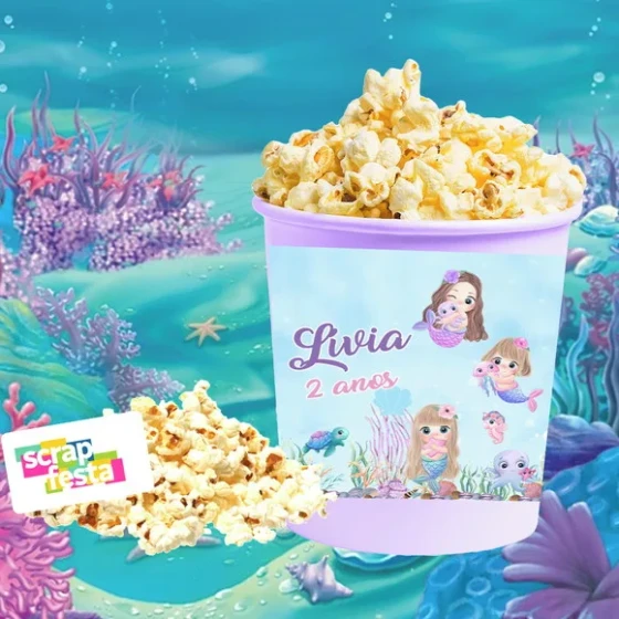 30 Balde Pipoca 1 Litro Personalizado Vinil Festa Sereia