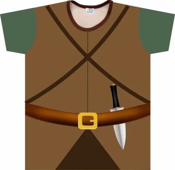 Camiseta de Aventura Adulto: Traje de Caçador Verde e Cinza com Detalhes Estampados