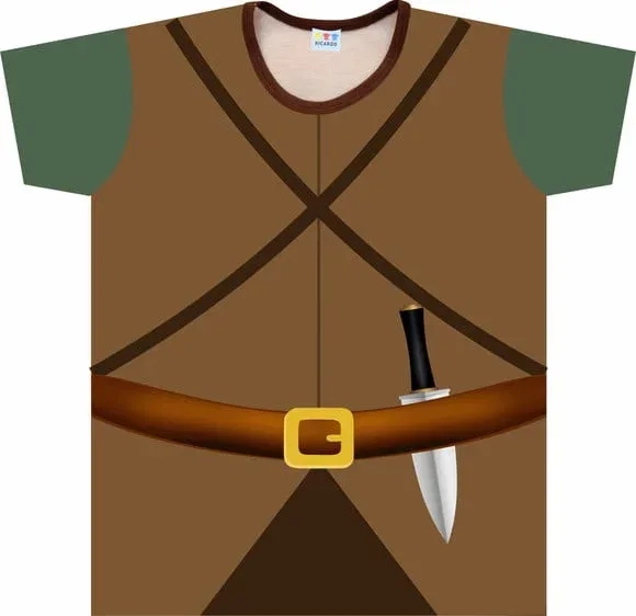 Camiseta de Aventura Adulto: Traje de Caçador Verde e Cinza com Detalhes Estampados