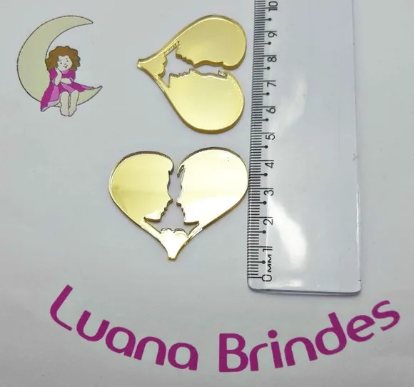 Aplique Coração Casal de Acr Espelhado Dourado-4cm- 4 unid