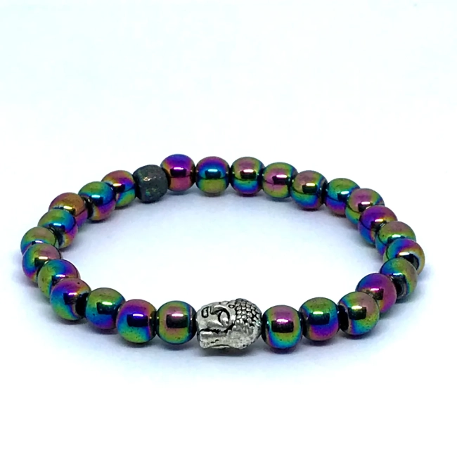 Pulseira Japamala 27 Contas em Hematita Iridisada com Buda - Pedra Natural e Proteção