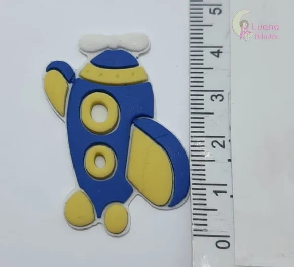 Aplique Avião Azul com Amarelo de Borracha - Pct C/6 Unid