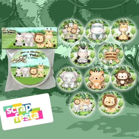Latinha com Jogo da Memória, Saquinho e Lapela Festa Safari
