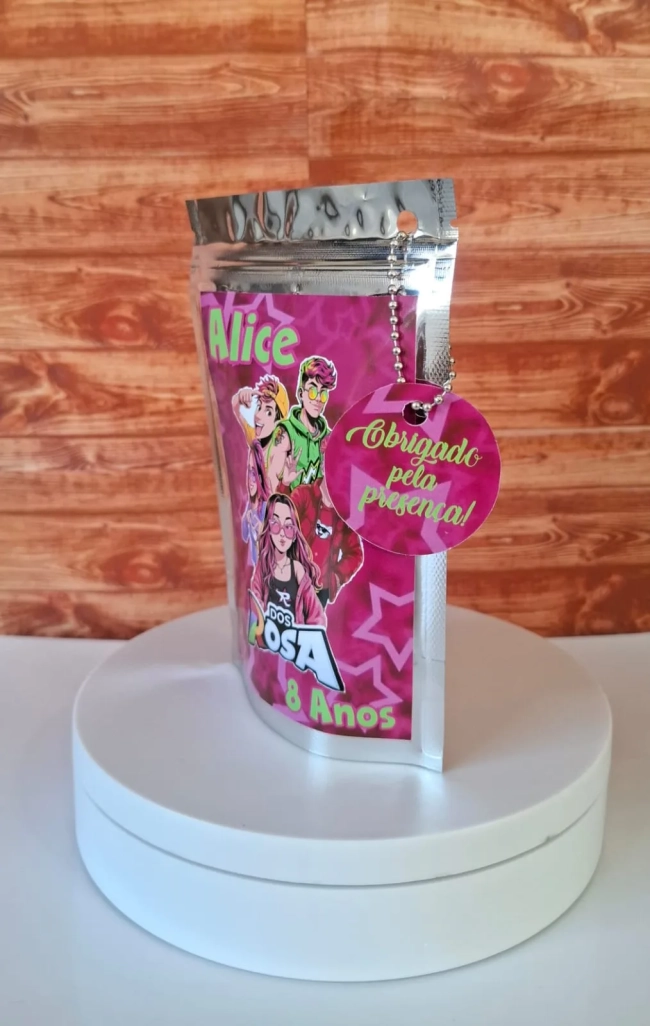Saquinho Metalizado ziplock os Rosas lembrancinhas festa aniversario infantil Personalizado